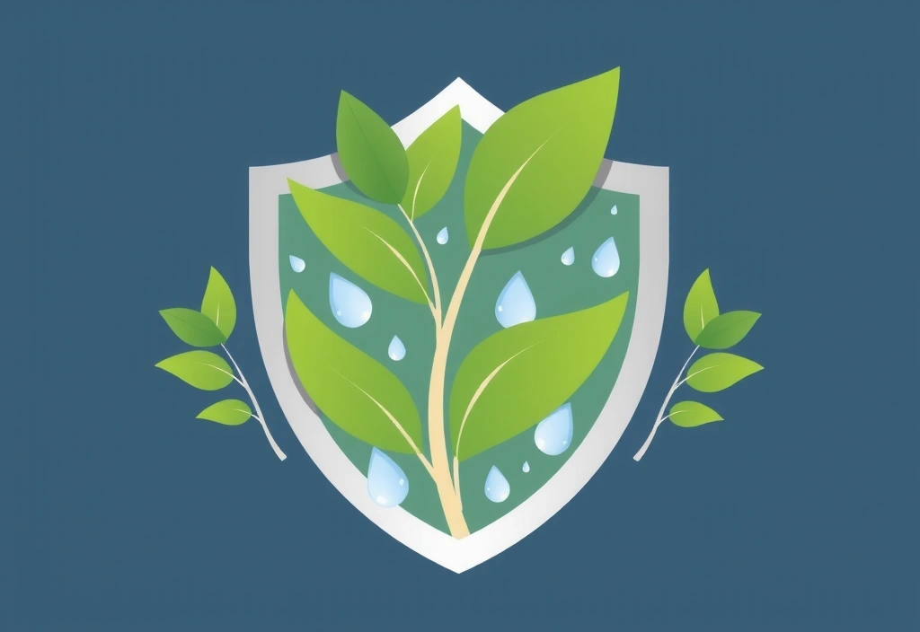Escudo protector estilizado con elementos naturales como hojas y gotas de agua, simbolizando la inmunidad.